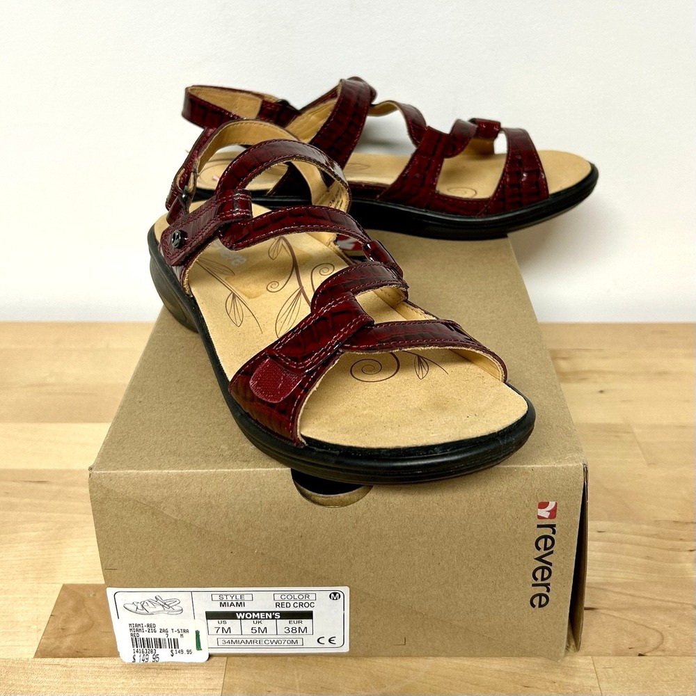 Revere Red Leather Sandals Sz7M Miami Croc Removable Footbed Orthopedic Comfort